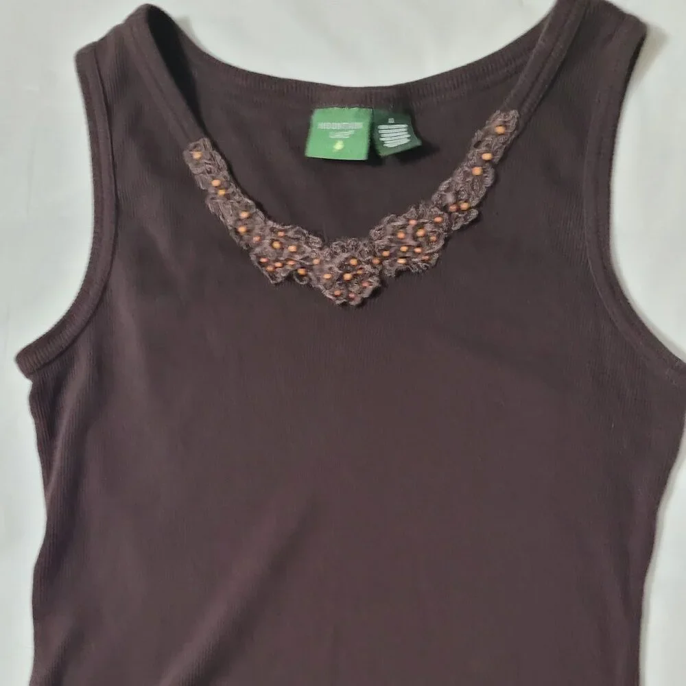 Brown Ribbed Tank Top Embellished Mounain Lake Womens Size L - Picture 3 of 11